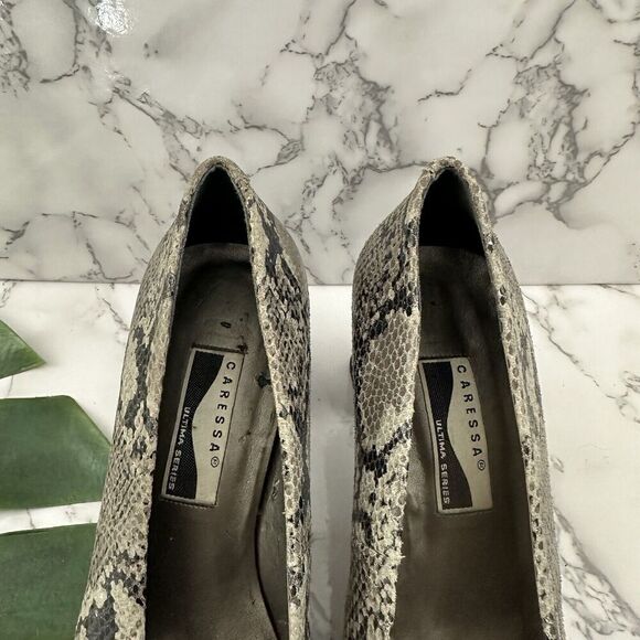 Caressa Womens Vintage Y2k Square Toe Pumps Heels Size 8.5 Gray Snakeskin Block - Picture 4 of 9